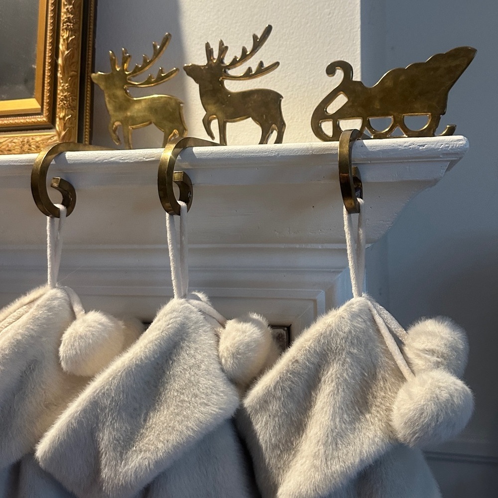 Vintage Brass Gold Reindeer and Sleigh Stocking Hangers for Christmas - Picture 1 of 12